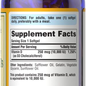 Puritan’s Pride Vitamin D3 250 mcg (10000 IU), 200 Softgels