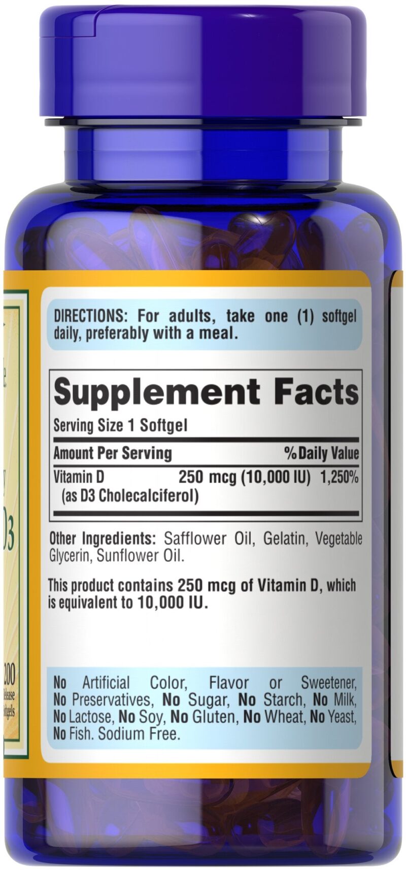Puritan's Pride Vitamin D3 250 mcg (10000 IU), 200 Softgels - Görsel 2
