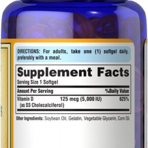 Puritan’s Pride Vitamin D3 125 mcg (5000 IU), 100 Softgels