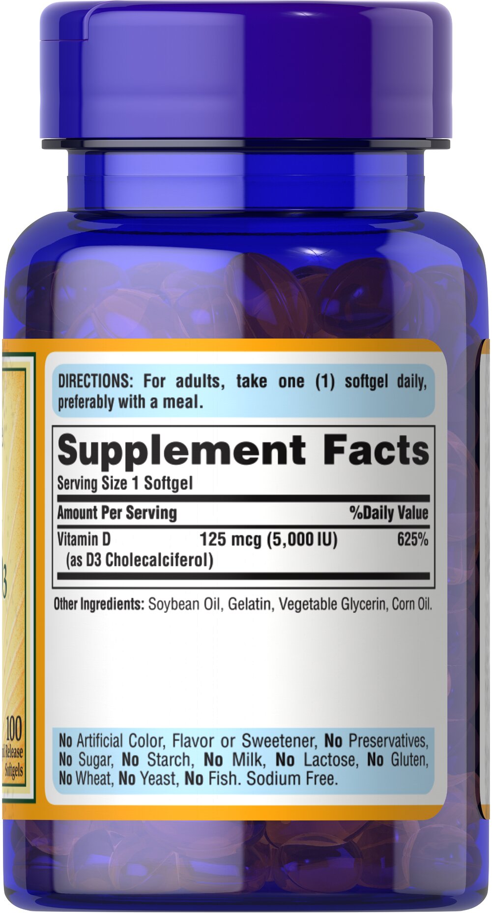 Puritan's Pride Vitamin D3 125 mcg (5000 IU), 100 Softgels - Görsel 2
