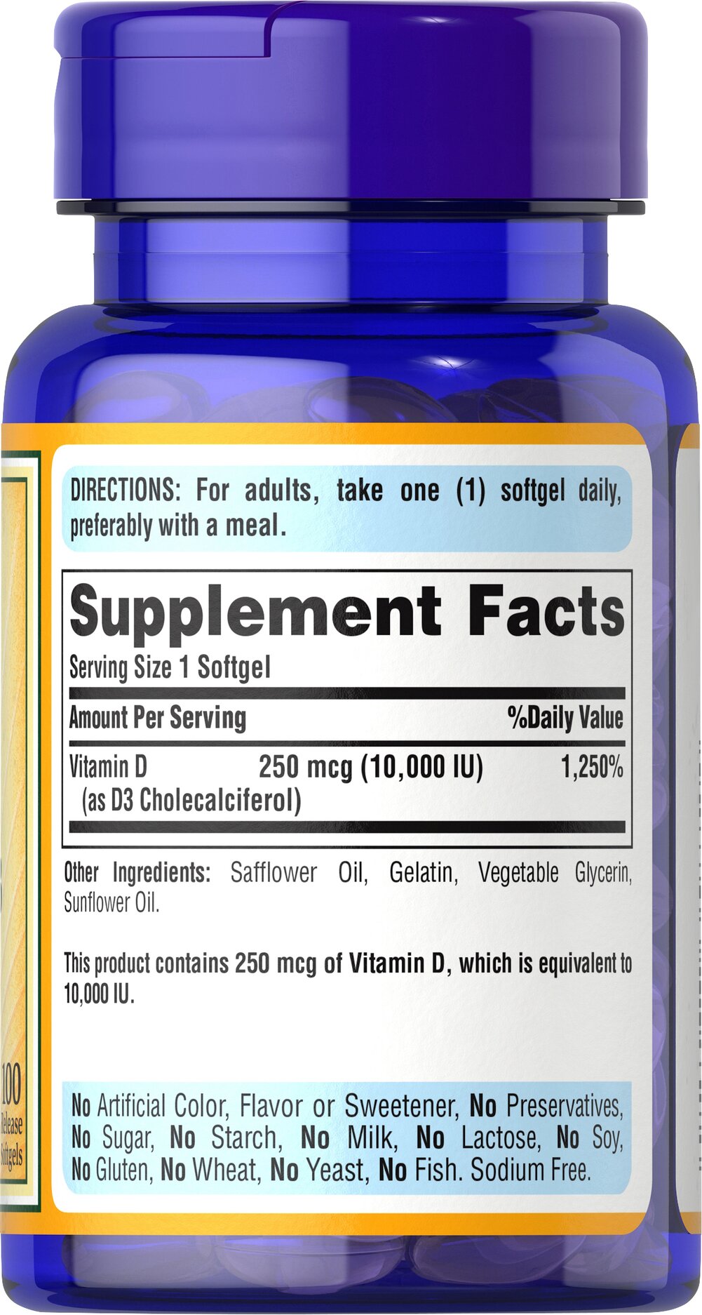 Puritan's Pride Vitamin D3 250 mcg (10000 IU), 100 Softgels - Görsel 2