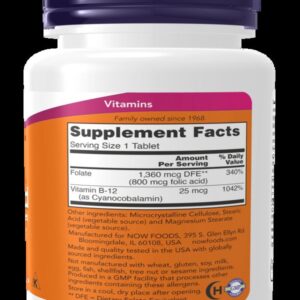 Now Folic Acid B12 Complex 800 mcg with Vitamin B-12 100 Tablets