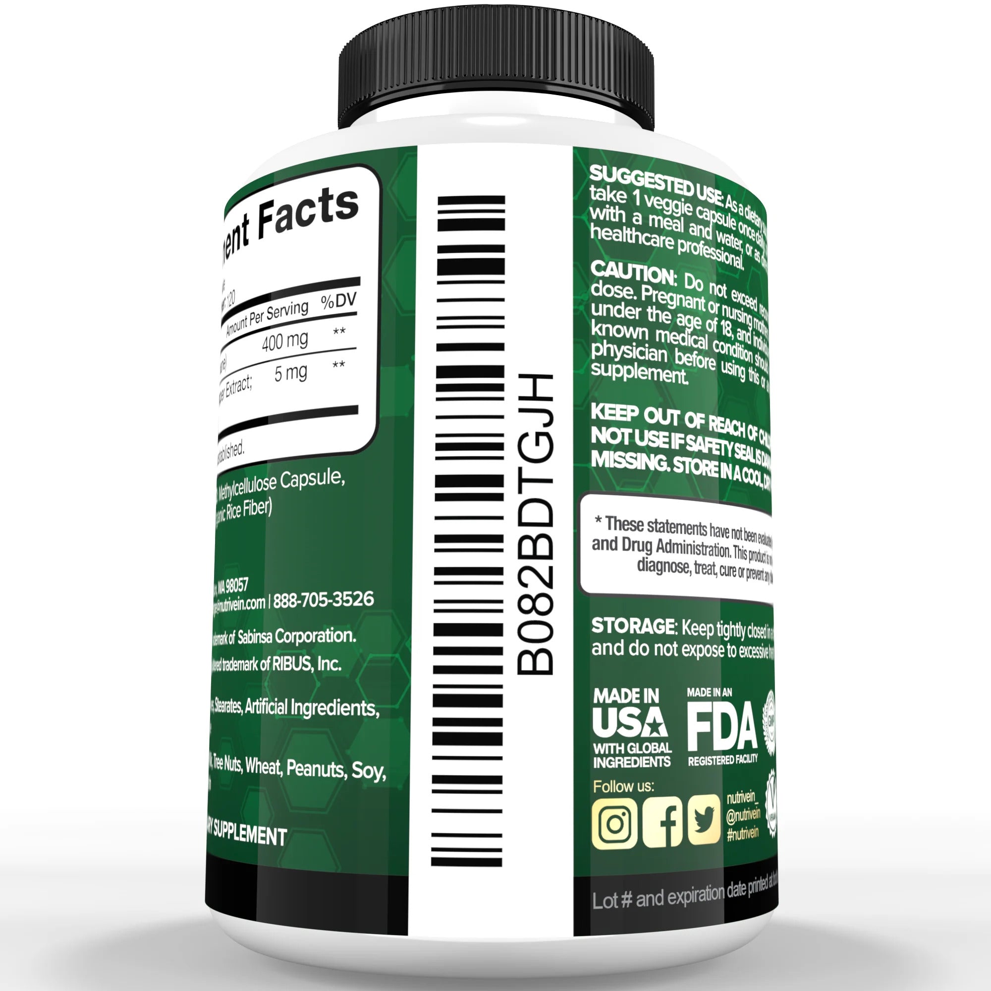 Nutrivein DIM Supplement 400mg Diindolylmethane Plus Bioperine – 120 Caps