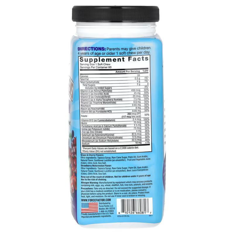 Force Factor Kids Super Chews Multivitamin Cherry Strawberry Watermelon Grape 60 Soft Chews - Görsel 4