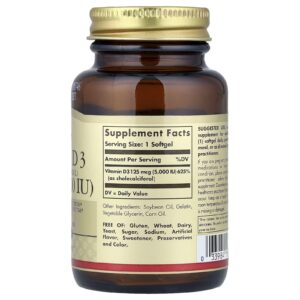 Solgar Vitamin D3  Healthy Bones & Teeth Immune System 125 mcg 5000 IU 100 Softgels - Görsel 2