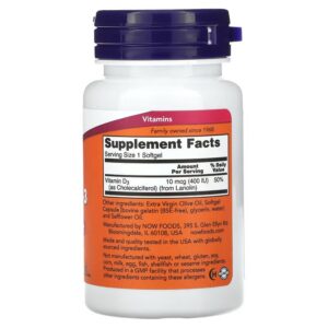 NOW Foods, Vitamin D3, 400 IU, 180 Softgels - Görsel 2