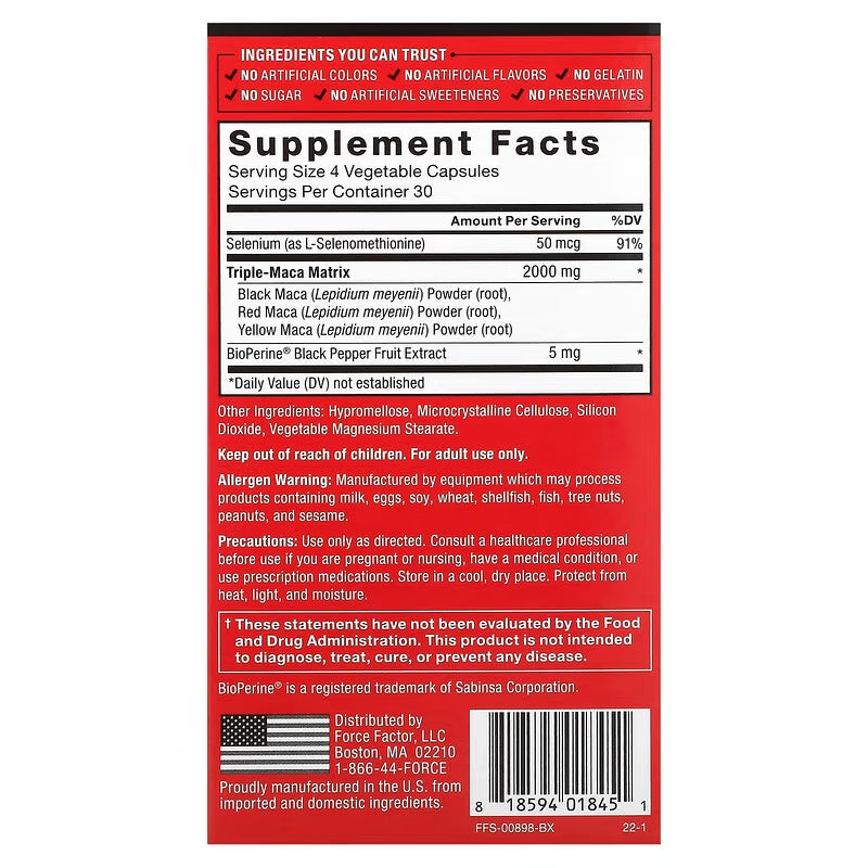 Force Factor Maca Max Maximize Performance Black Maca Red Maca & Yellow Maca  2000mg 120 Caps