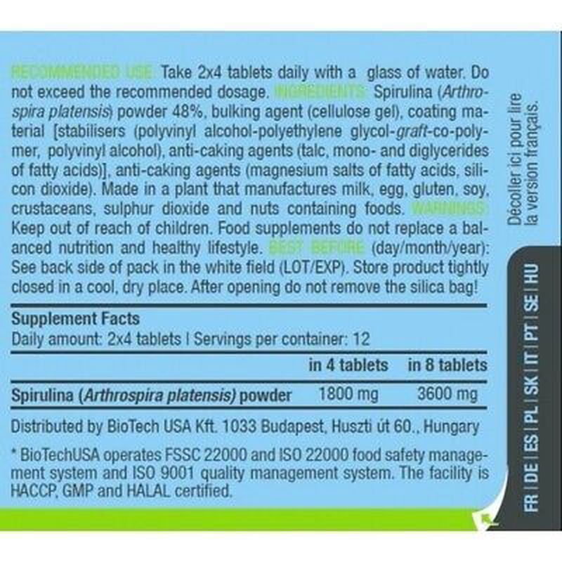 BioTech USA Spirulina (Arthrospira platensis) 100 tablets - Görsel 2