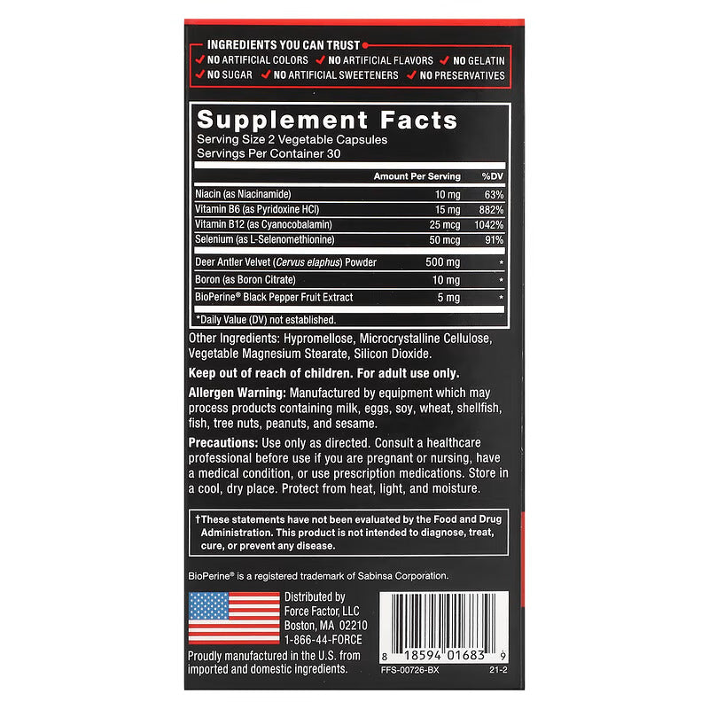 Force Factor, Deer Antler Velvet Testo IGF-1 60 Capsules