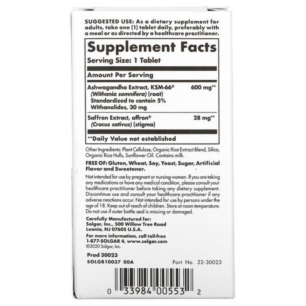 Solgar Stress and Anxiety Relief KSM66 Ashwagandha+Saffron(Safran) 30 Tablets - Görsel 3