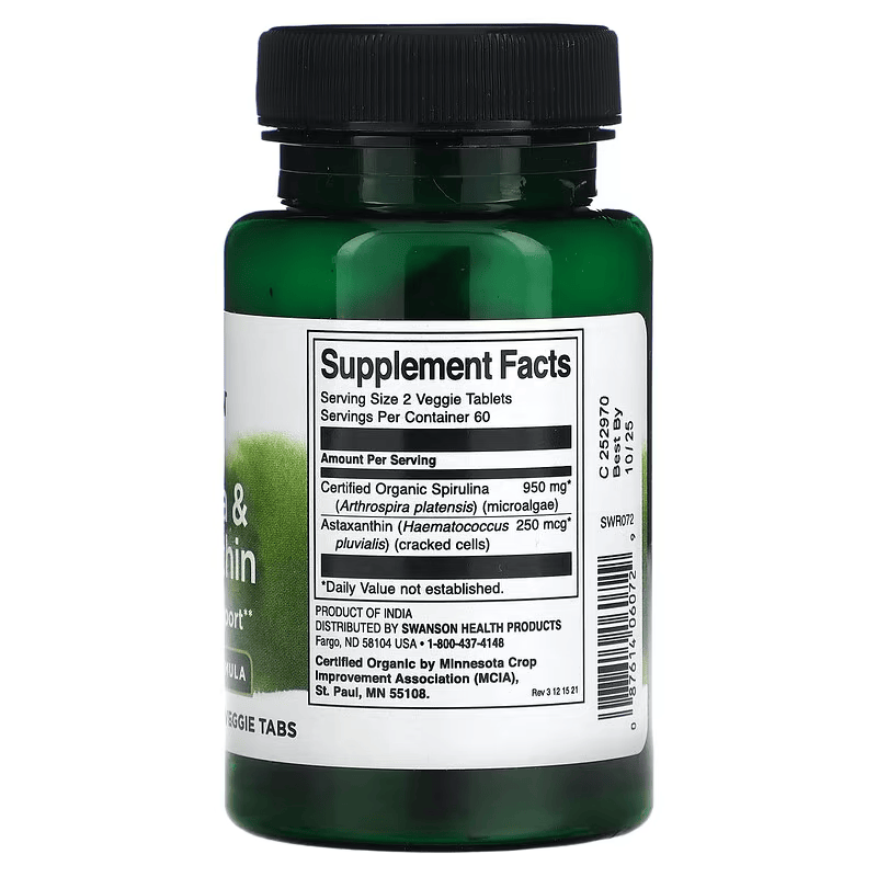Swanson Organic Spirulina Astaxanthin Greens Superfoods 120 Veggie Tabs - Görsel 2