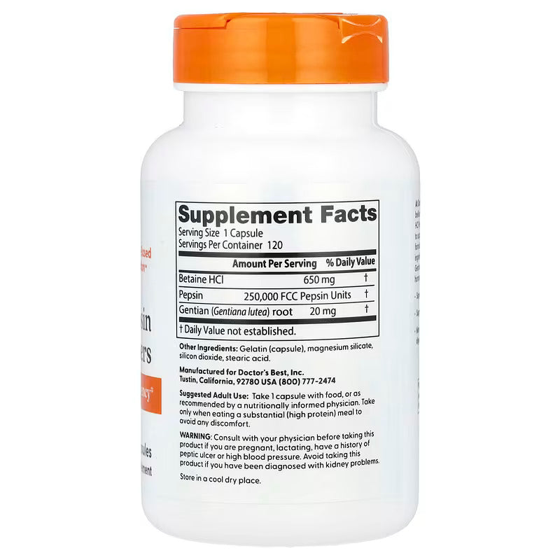 Doctor’s Best Betaine HCl Pepsin & Gentian Bitters Gut Digestive Health 120 Capsules