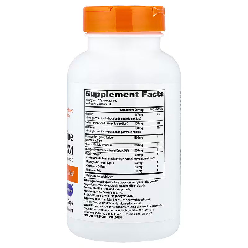 Doctor’s Best Glucosamine Chondroitin MSM + Hyaluronic Acid With OptiMSM BioCell Collagen 150 Veggie Caps
