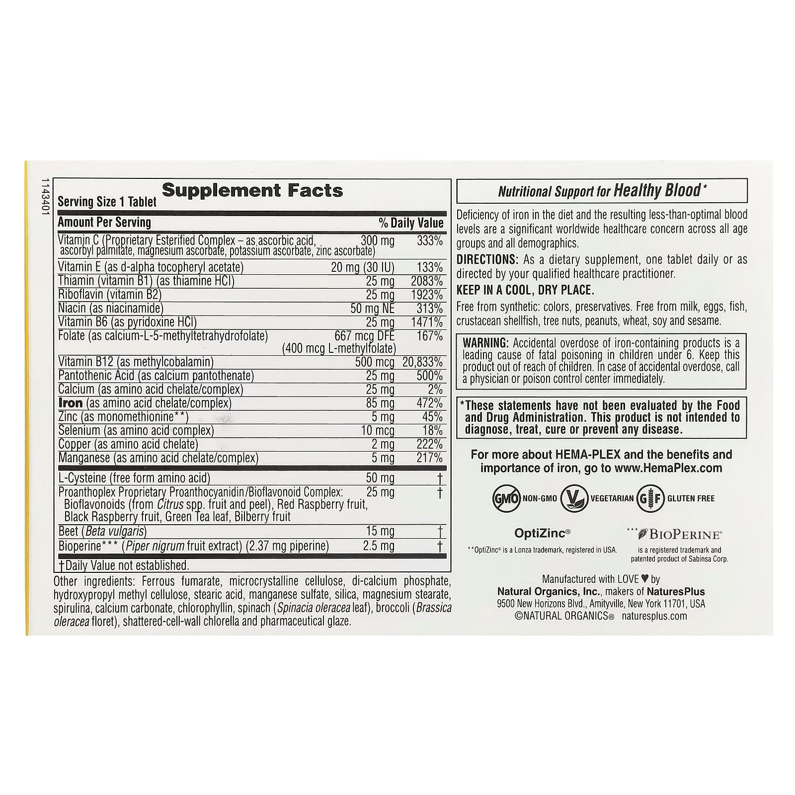 Natures Plus Hema-Plex Iron (B12 +B6 + Niacin + Demir + Zinc)- 30 Slow-Release Tablet - Görsel 3