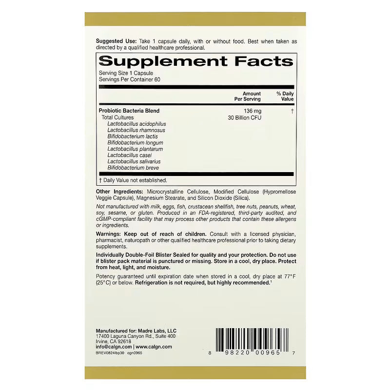California Gold LactoBif 5 Probiotics wit 5 Lactobacilli 3 Bifidobacteria, 30 Billion CFU, 60 Vegan - Görsel 3