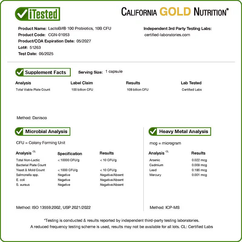 California Gold Nutrition LactoBif 100 Probiotics Gut Health 100 Billion CFU 30 Veggie Capsules - Görsel 3
