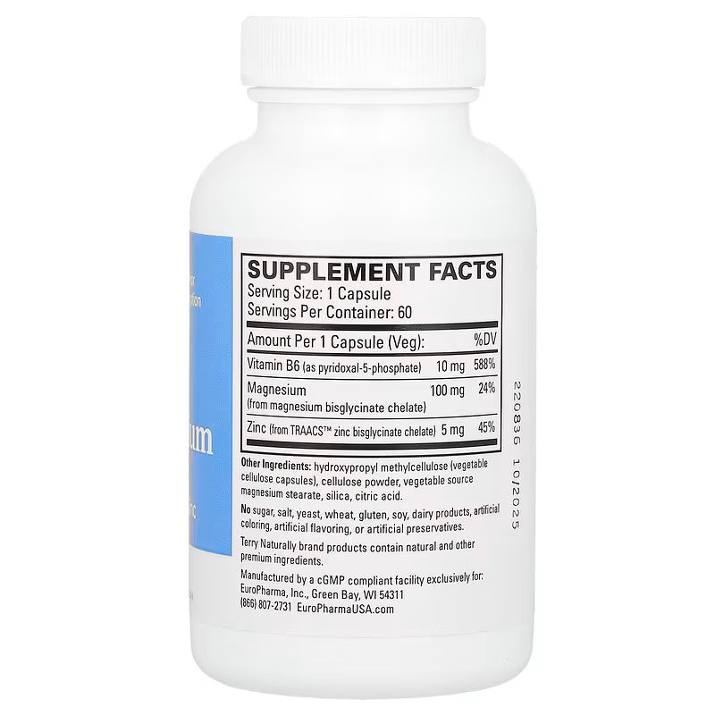 Terry Naturally BioActive Magnesium bisglycinate Complex with P-5-P and Zinc bisglycinate 60 Capsules