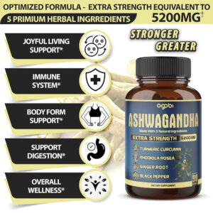 Agobi Ashwagandha Agobi Hint Ginseng+Turmeric+Rhodiola+Ginger root Extract Capsules 5 Herbal Ingredients 5200 mg