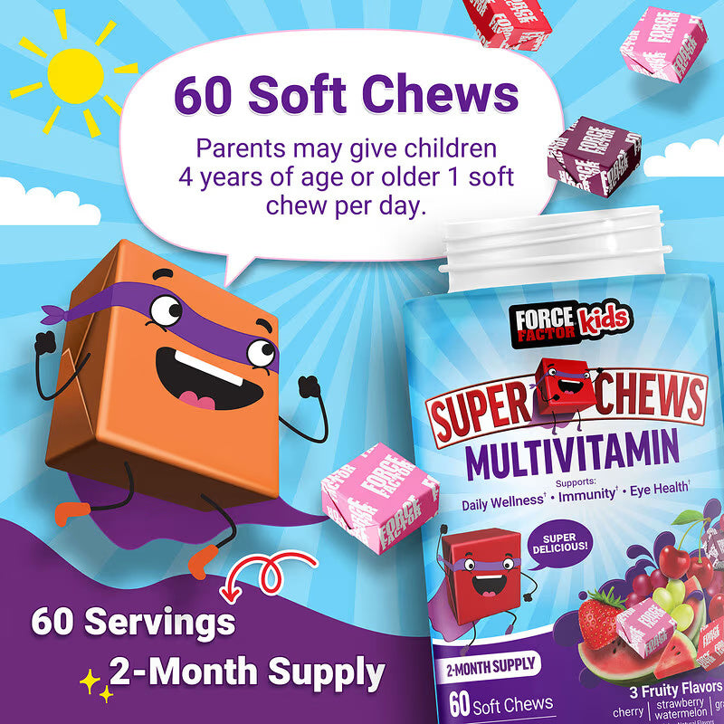 Force Factor Kids Super Chews Multivitamin Cherry Strawberry Watermelon Grape 60 Soft Chews - Görsel 2