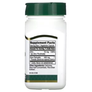 21st Century Saw Palmetto Zinc Çinko Hair Skin Health Support 450 mg, 60 Vegetarian Capsules