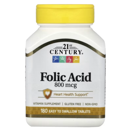 21st Century Folic Acid Vitamin B9 Folate Heart Health 800 mcg 180 Easy to Swallow Tablets