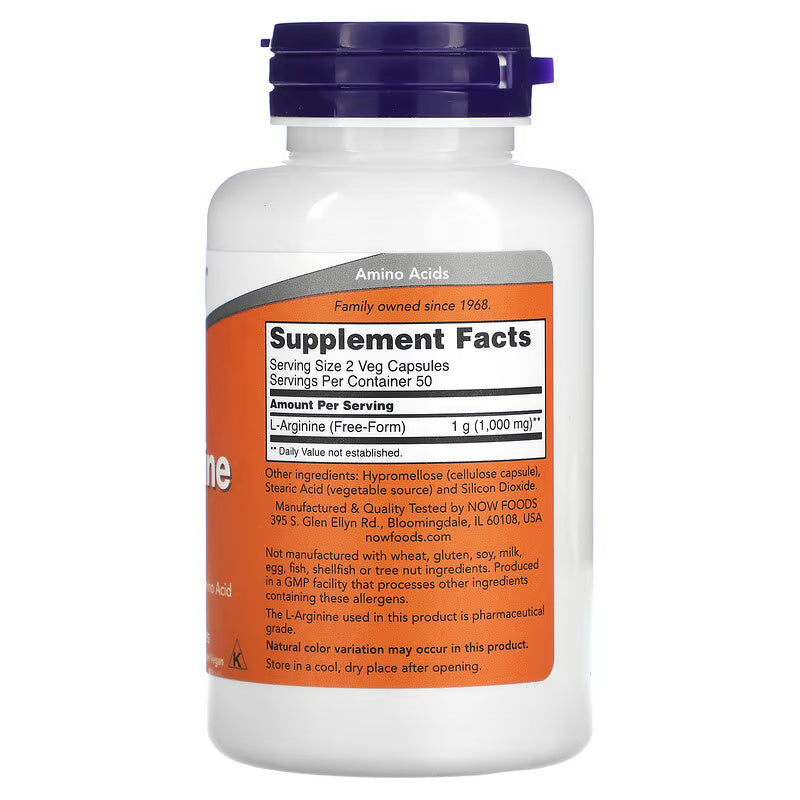 NOW Foods Supplements L-Arginine(Arjinin) 500 mg Nitric Oxide Precursor Amino Acid, 100 Veg Capsules - Görsel 2