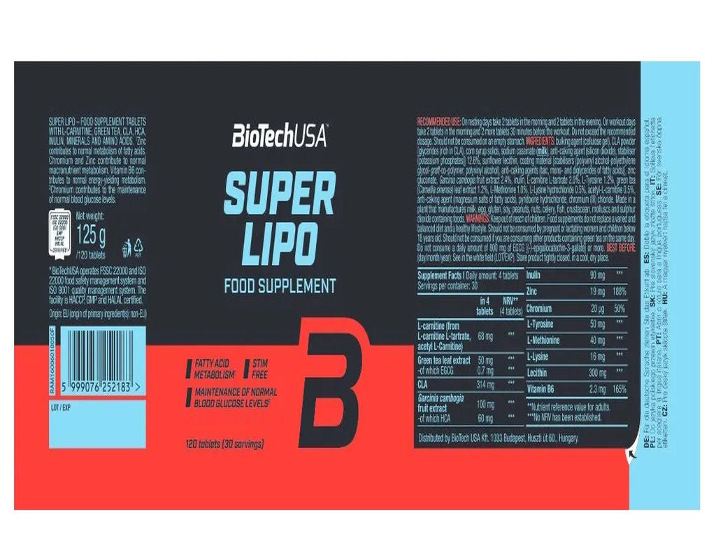 BioTech USA Super Lipo Fat burner (HCA+L-carnitine+Green tea+CLA+Garcinia cambogia) 120 tablets - Görsel 4
