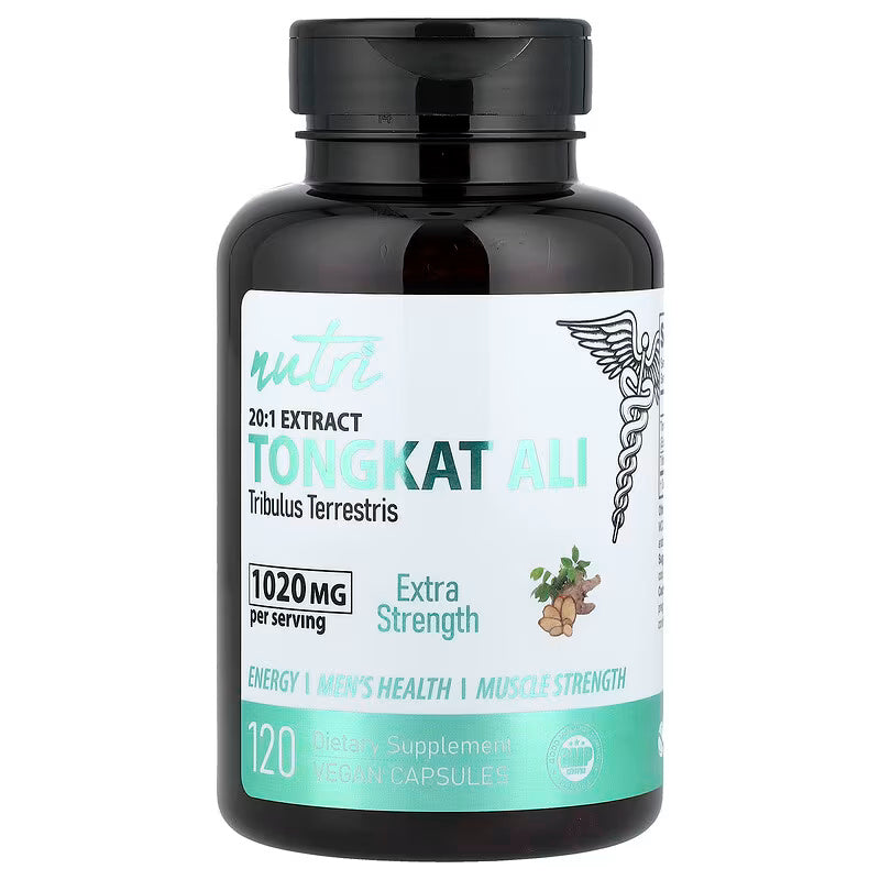 Nutri, 20:1 Extract Tongkat Ali Tribulus Eurycoma longifolia 120 Vegan Capsules