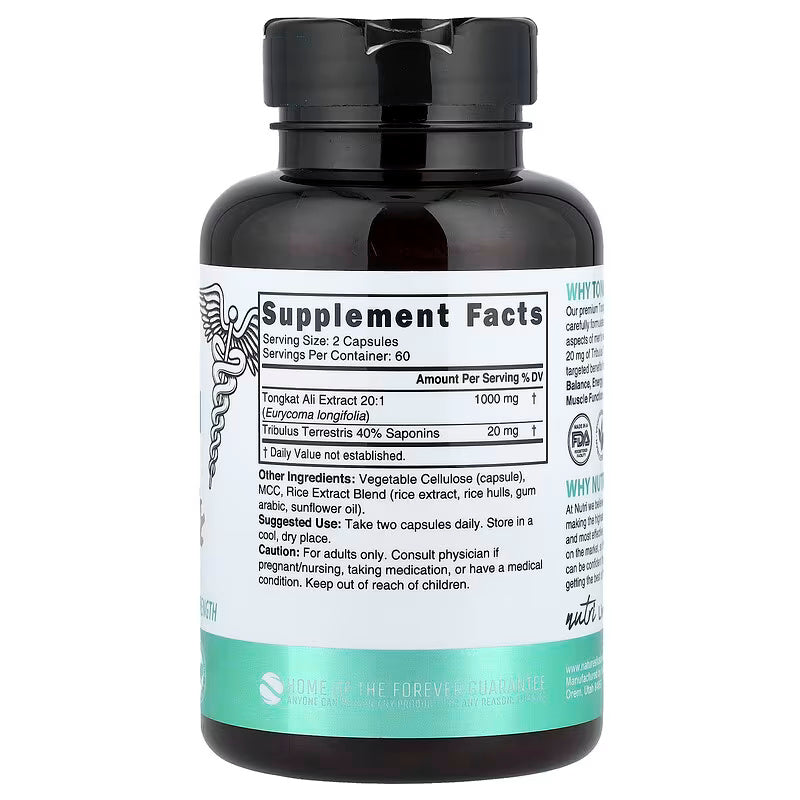 Nutri, 20:1 Extract Tongkat Ali Tribulus Eurycoma longifolia 120 Vegan Capsules
