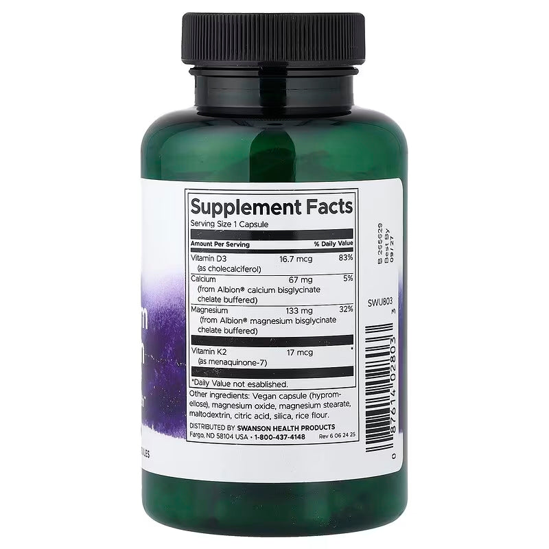 Swanson Albion Magnesium Calcium with Vitamins D3 & K2 90 Veggie Capsules