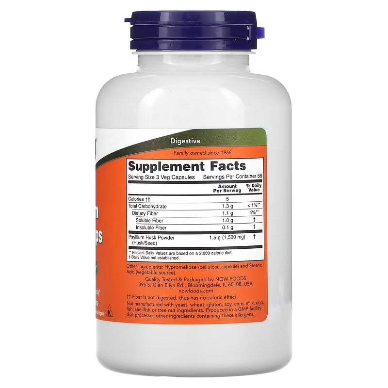 NOW Foods Psyllium Hush Fiber Gut Health 500 mg 200 Vegetable Caps