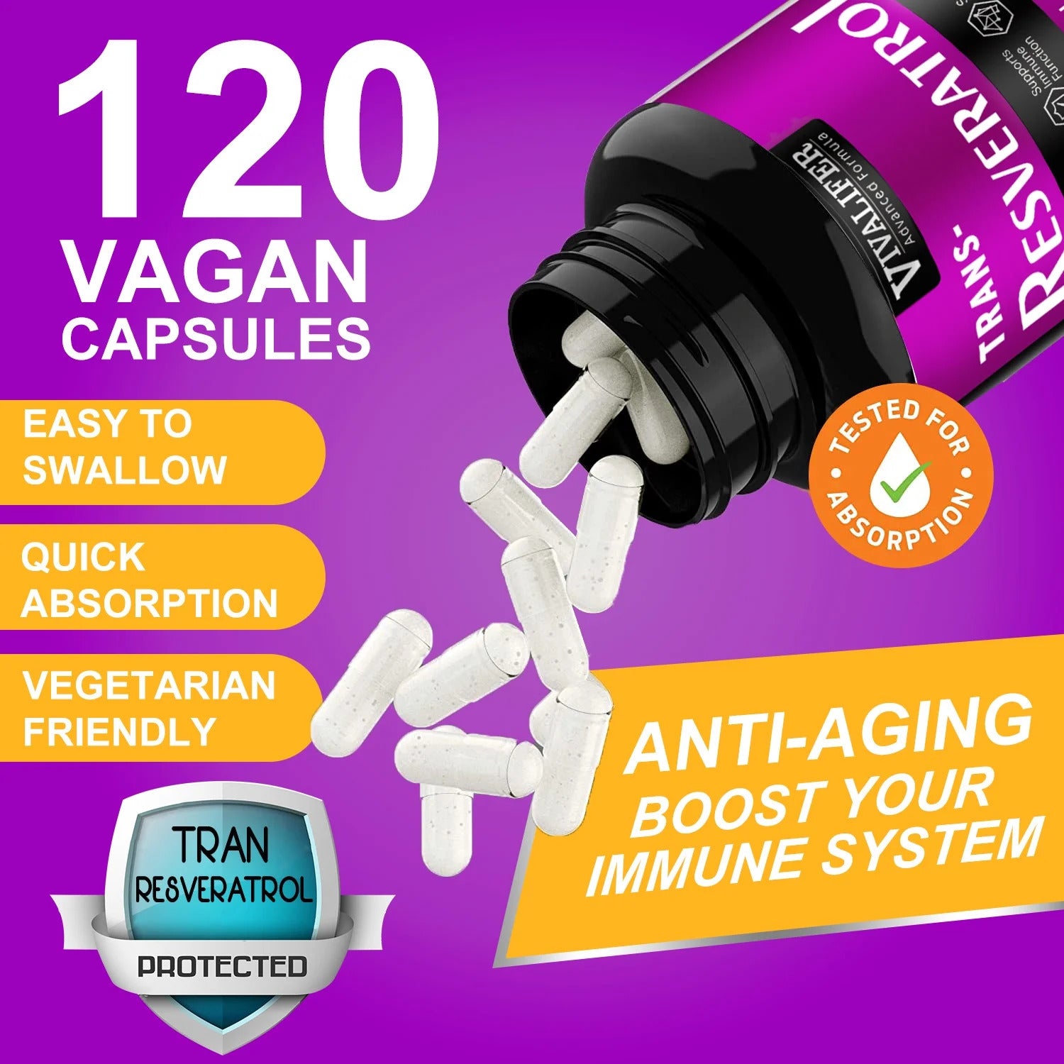 VIVALIFER Resveratrol+Vitamin C Anti-Aging Immune, Cardiovascular Joint 500mg+120mg 120 Caps - Görsel 5