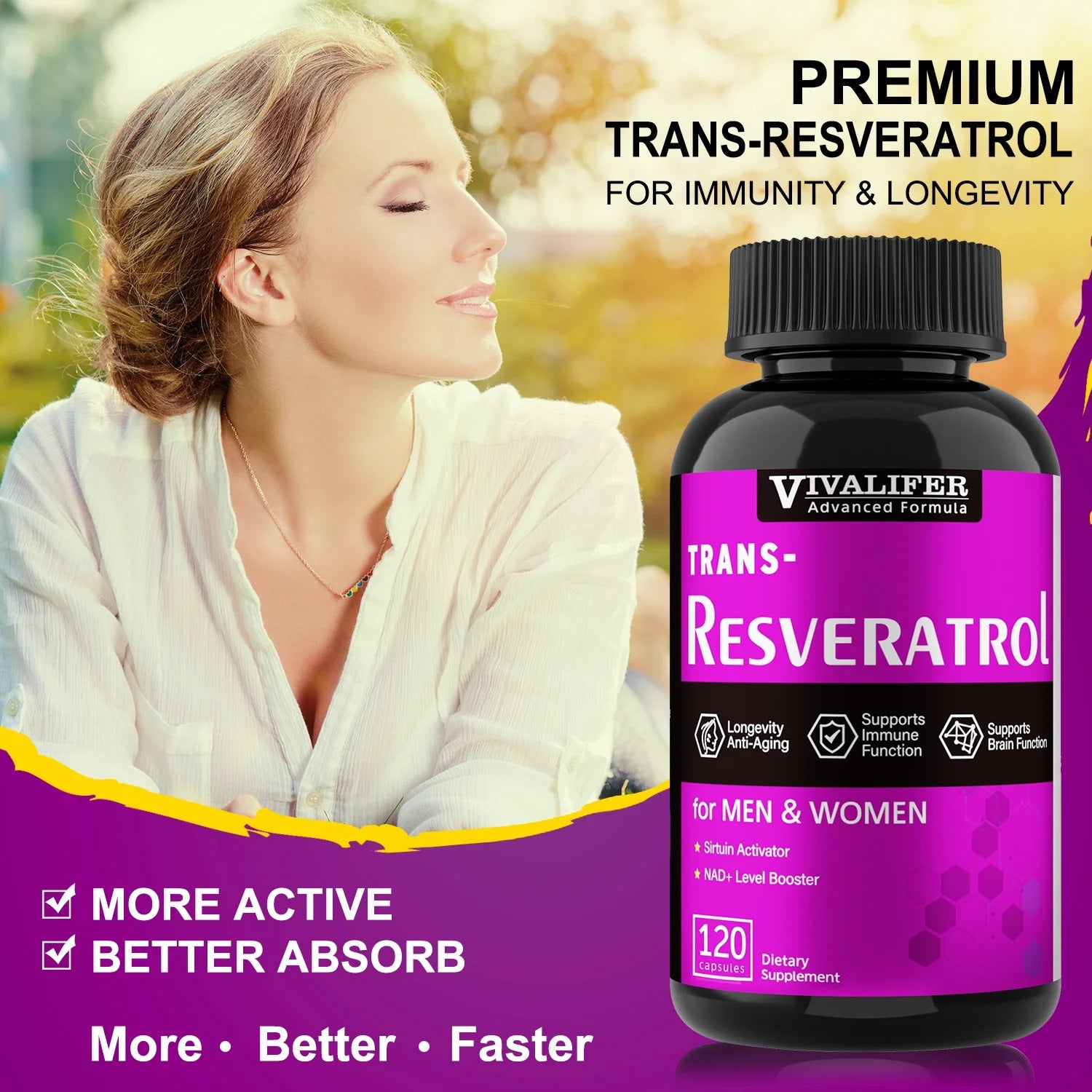 VIVALIFER Resveratrol+Vitamin C Anti-Aging Immune, Cardiovascular Joint 500mg+120mg 120 Caps - Görsel 2