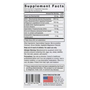 Force Factor NAD+ NMN or Nicotinamide with Resveratrol Astaxanthin Spermidine & Luteolin 60 Caps - Görsel 3