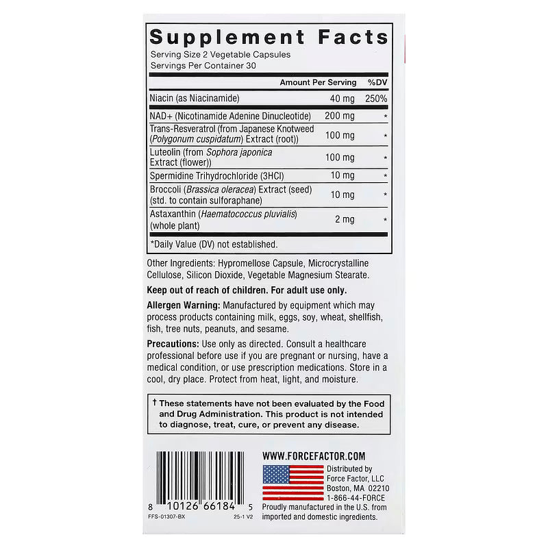 Force Factor NAD+ NMN or Nicotinamide with Resveratrol Astaxanthin Spermidine & Luteolin 60 Caps - Görsel 3