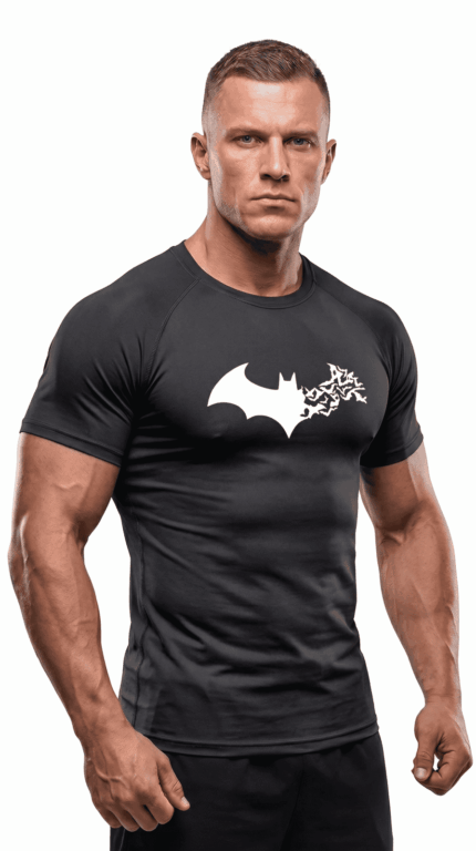 Batman Compression Dar / Slim Bisiklet Yaka Tişört kırık siyah Unisex Genç