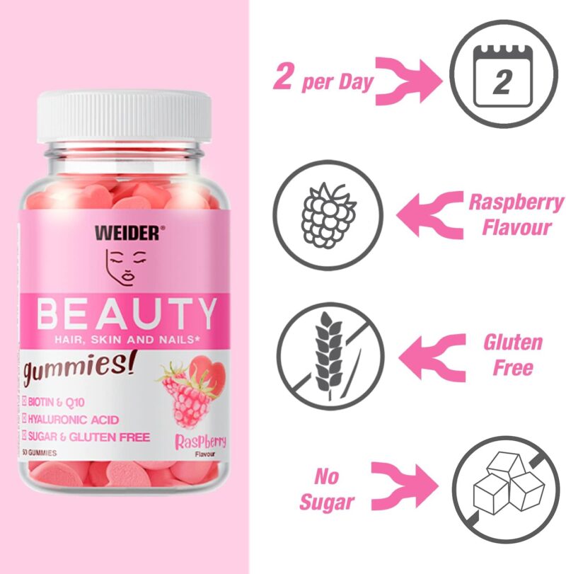 Weider Beauty Gummies - Nourishes Hair Skin Anti-ageing Q19 biotin -Vitamin C - zinc hyaluronic acid 40 gum - Görsel 3