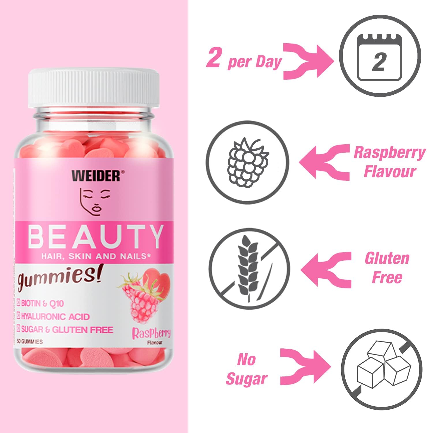 Weider Beauty Gummies - Nourishes Hair Skin Anti-ageing Q19 biotin -Vitamin C - zinc hyaluronic acid 40 gum - Görsel 3