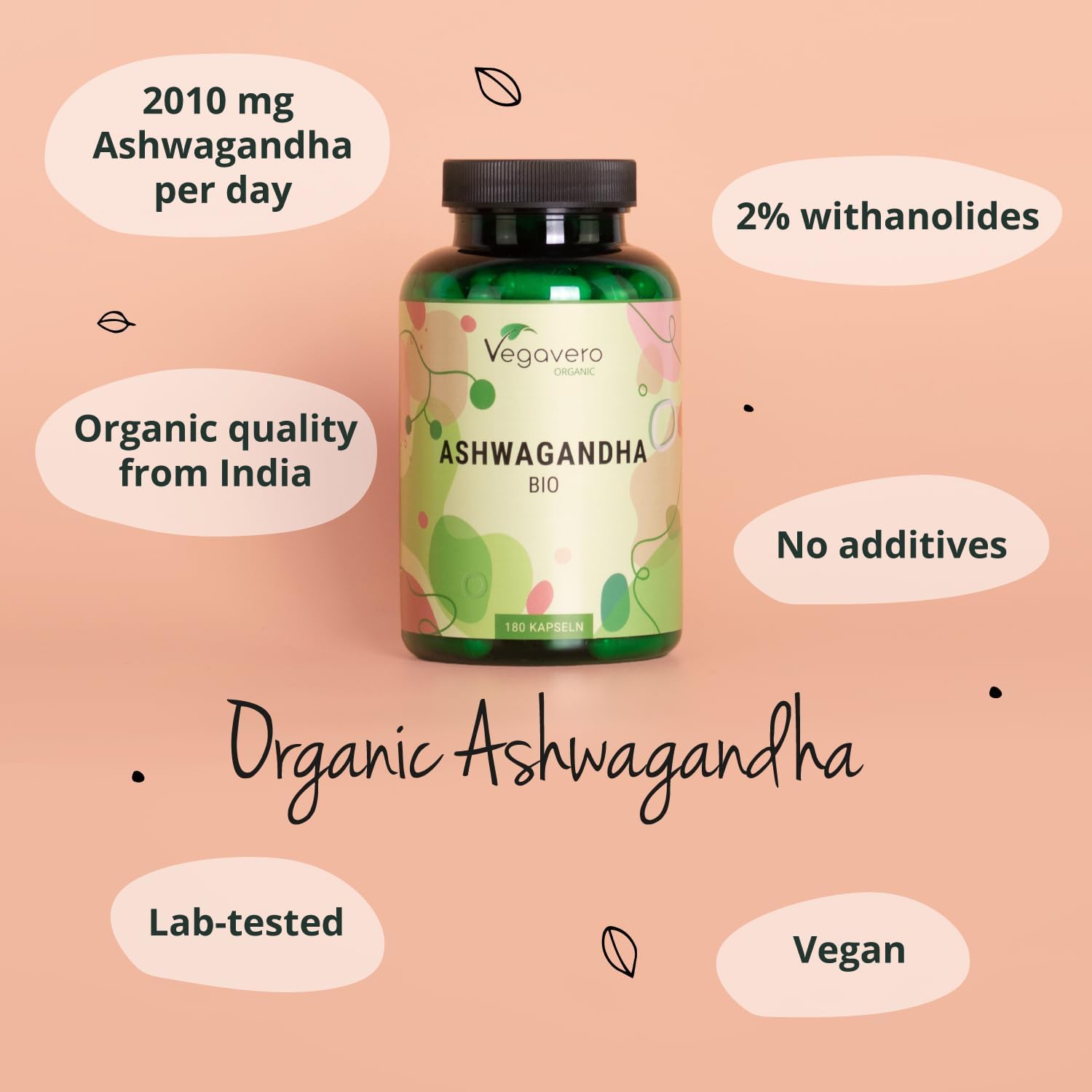Vegavero Organic Ashwagandha Capsules | 2010 mg Root Powder | 180 Vegan Pills | Standardised 2% Withanolides | Lab-Tested | NO Additives | Vegan - Görsel 3