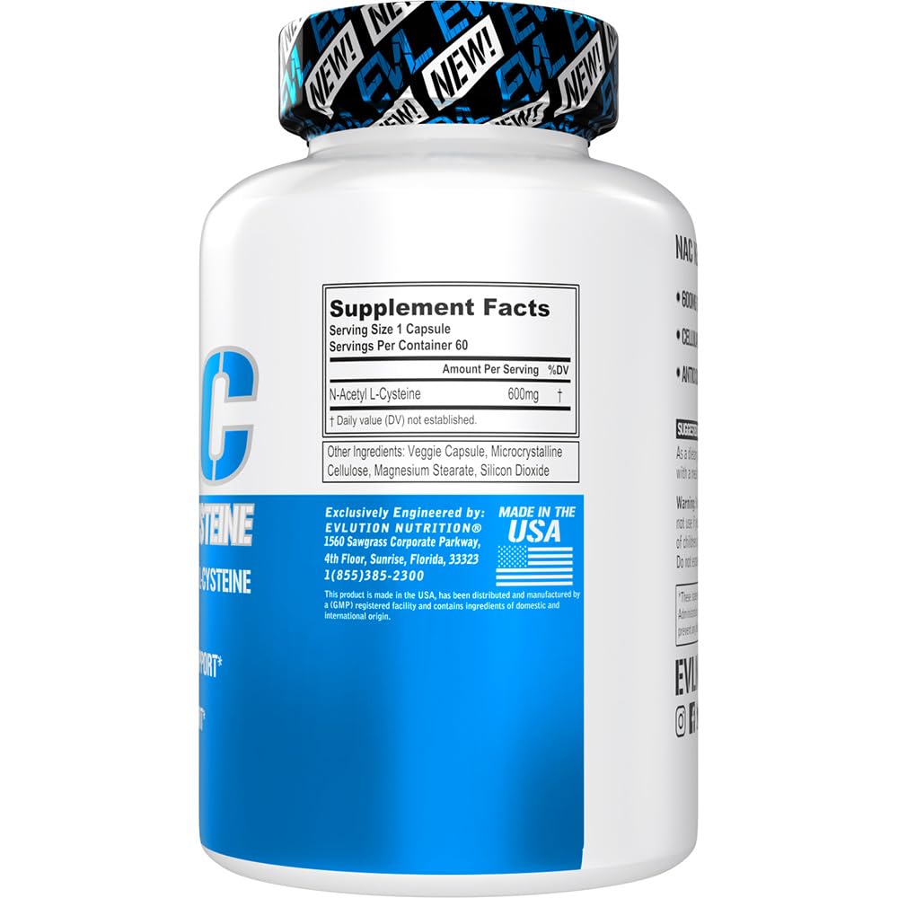 Evlution Nutrition NAC N-Acetyl L-Cysteine - 600mg Antioxidant Health Support Vegan & Gluten Free - 60 Veggie - Görsel 2