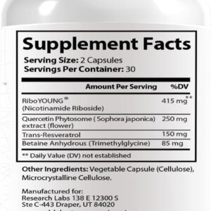 Research Labs NAD+ Nicotinamide Riboside Quercetin Resveratrol Betaine True NAD Anti Aging