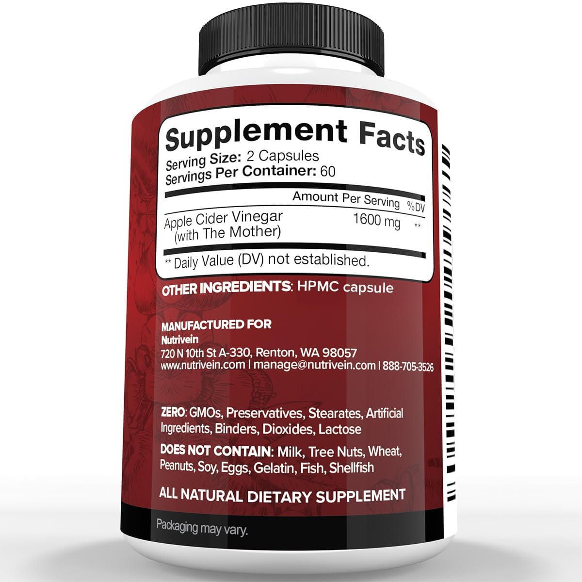 Nutrivein Premium Apple Cider Vinegar Digestion, Keto, Cleansing, and Balanced 1600 mg - 120 Caps - Görsel 3