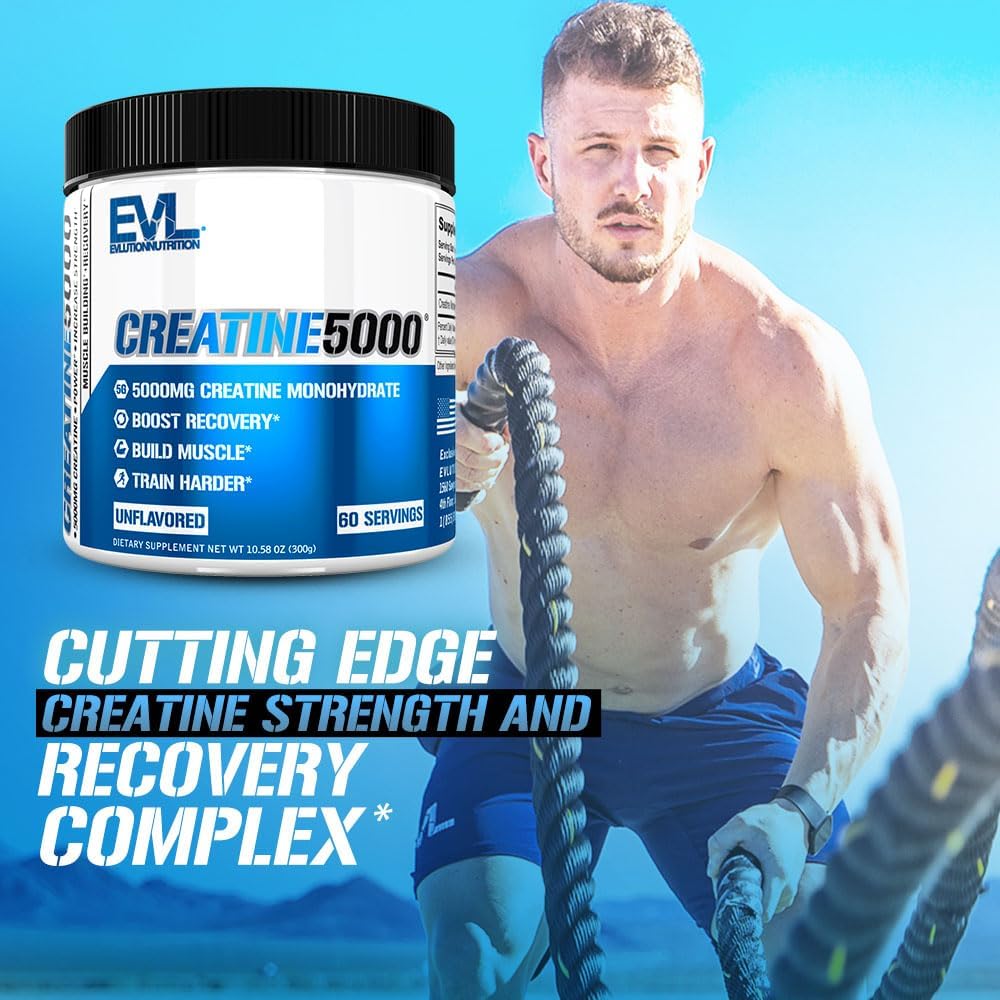 Evlution Nutrition Creatine 5000 – Supports Faster Recovery, Lean Muscle Growth & Performance – Pre & Post Workout Powder – 5000mg Pure Creatine Monohydrate Per Serving – 60 Servings – Unflavored