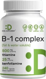 DEAL SUPPLEMENT Vitamin B1 Thiamin 500mg Benfotiamine 2 in 1 Enhanced Formula – Fat & Water Soluble 240 Caps