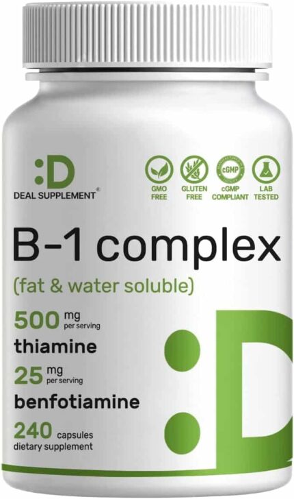 DEAL SUPPLEMENT Vitamin B1 Thiamin 500mg Benfotiamine 2 in 1 Enhanced Formula – Fat & Water Soluble 240 Caps