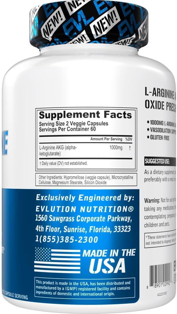 Evlution L-Arginine AKG Nitric Oxide 1000mg 120 Veggie Caps - Görsel 2