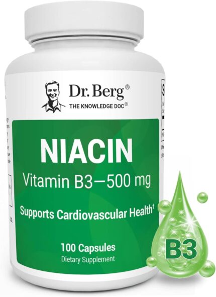 Dr. Berg Highly-Potent Niacin Flush Tolerance 500 mg Vitamin B3 for Heart Brain & Energy Support – 100 Caps