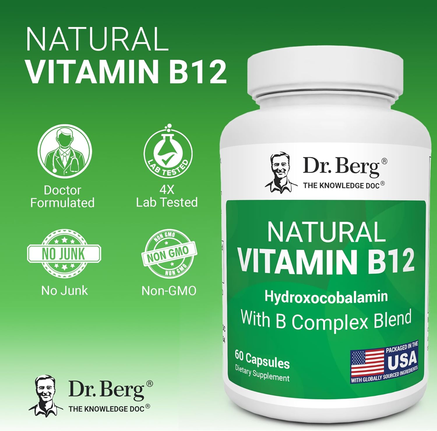 Dr. Berg Natural Vitamin B12 FOLATE 1000 mcg Hydroxocobalamin Energy Brain & Nervous System 60 Caps - Görsel 2