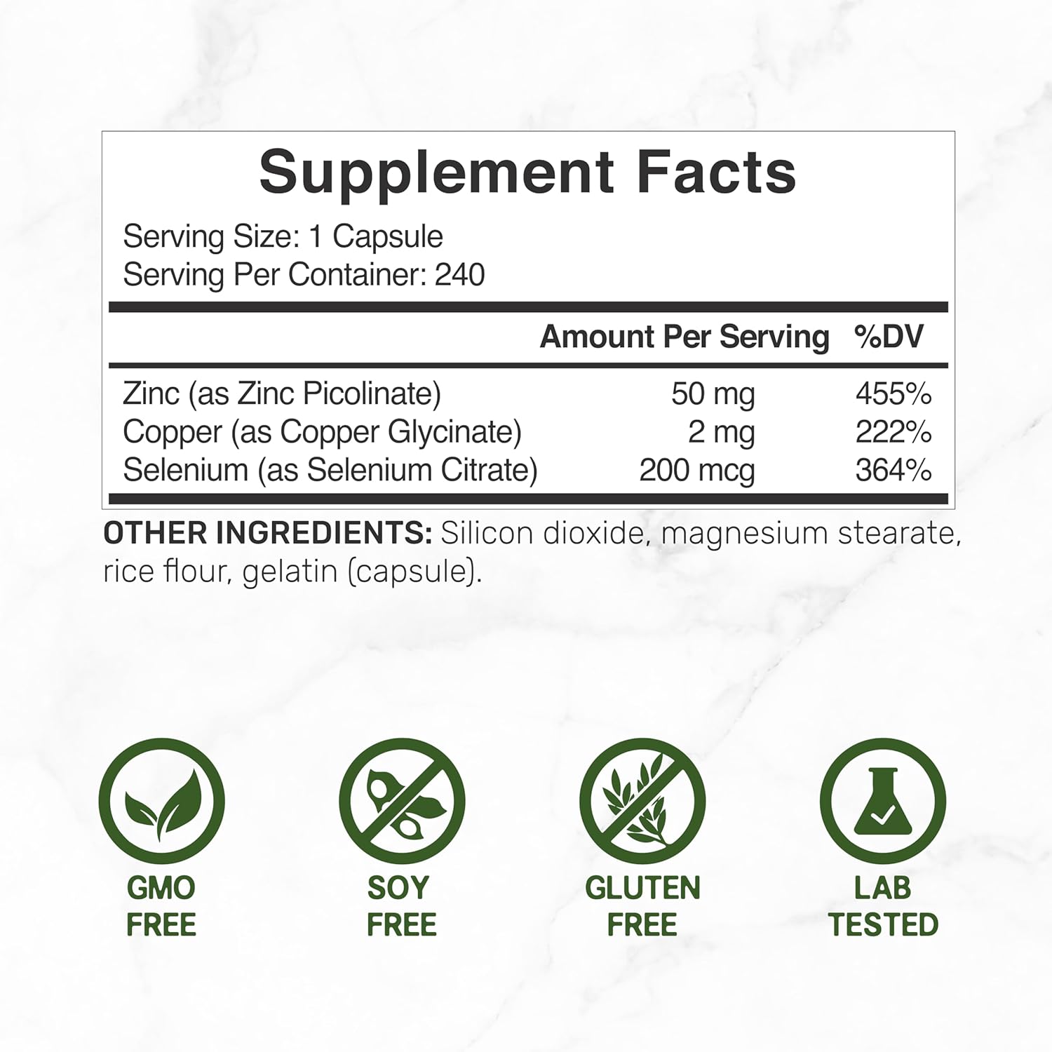 Deal Supplement Zinc Picolinate Çinko 50mg with Selenium + Copper Bakır 240 Caps