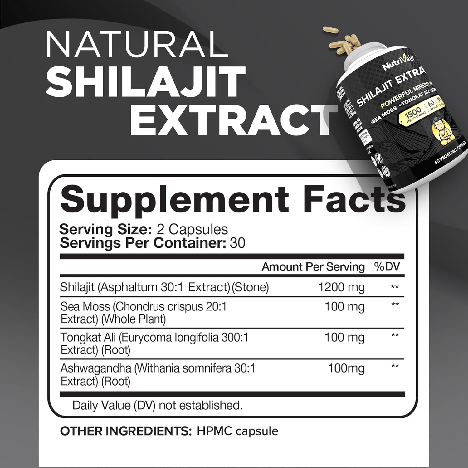 Nutrivein Premium Himalayan Shilajit with Irish Sea Moss Tongkat Ali Ashwagandha 1500 mg - 60 Caps - Görsel 4
